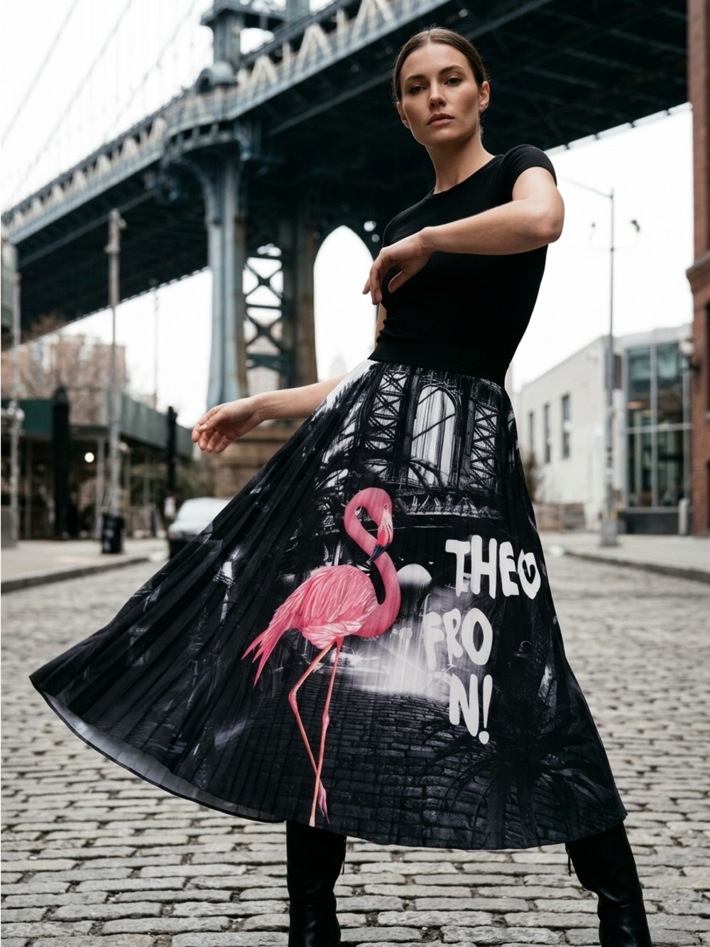 bebe Black Skater Skirt with Pink Flamingo Graphic